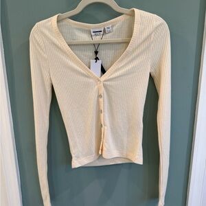 Cream Ribbed V-Neck Button-Up Top